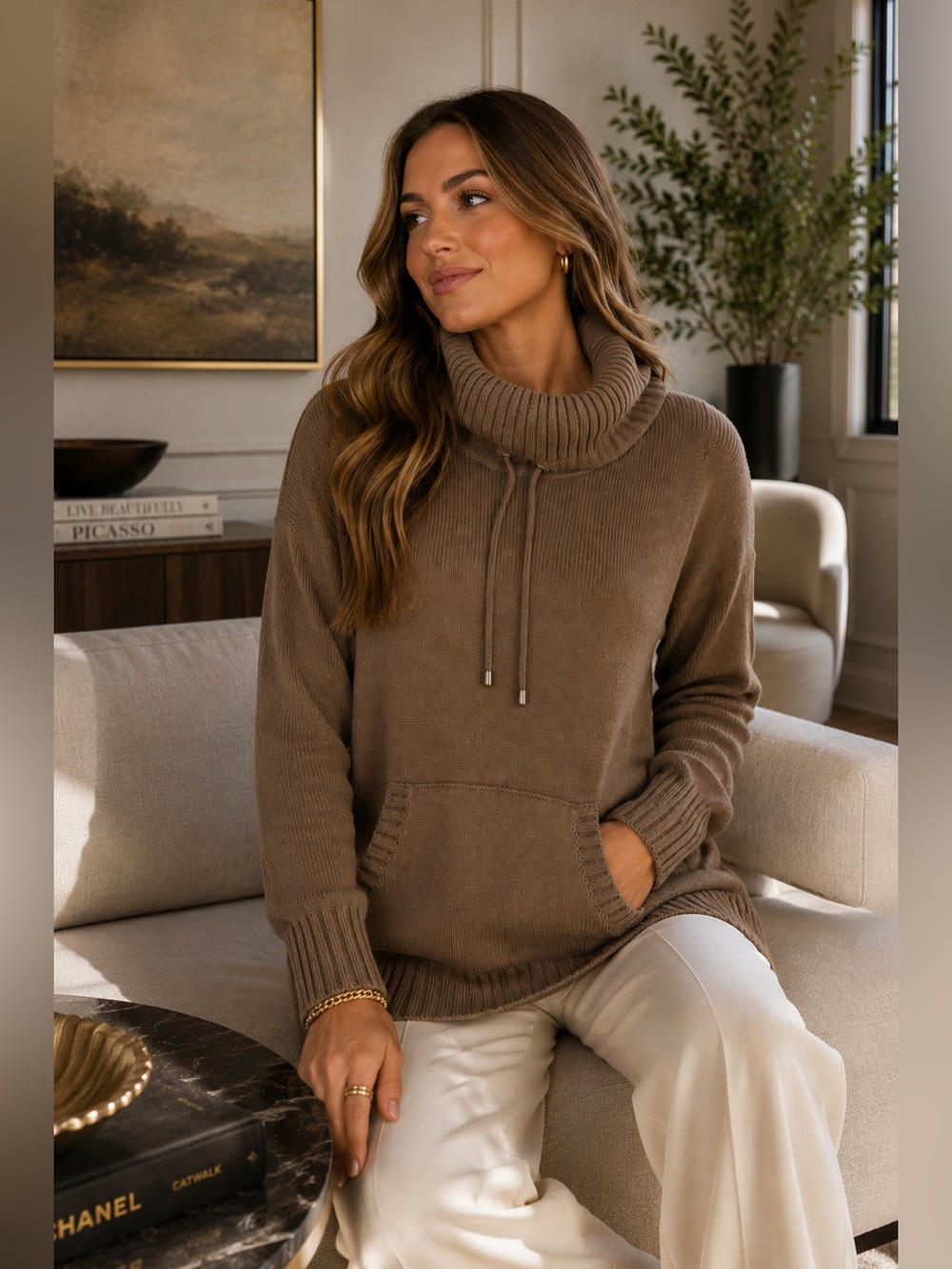 Preswick & Moore Women’s Medium Brown Cowl Neck Sweater Kangaroo Pocket